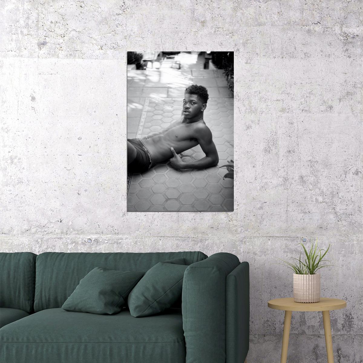 Lil Nas X Black and White Photo Print Hollywood Celebrity Poster Shirtless Handsome Man Wall Art Hot Male Aesthetic Decor for Bedroom Living Room - xonomax