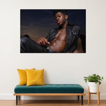 Lil Nas X Sexy Leather Photo Print Hollywood Celebrity Poster Shirtless Handsome Black Man Wall Art Hot Male Aesthetic Decor for Bedroom Living Room - xonomax