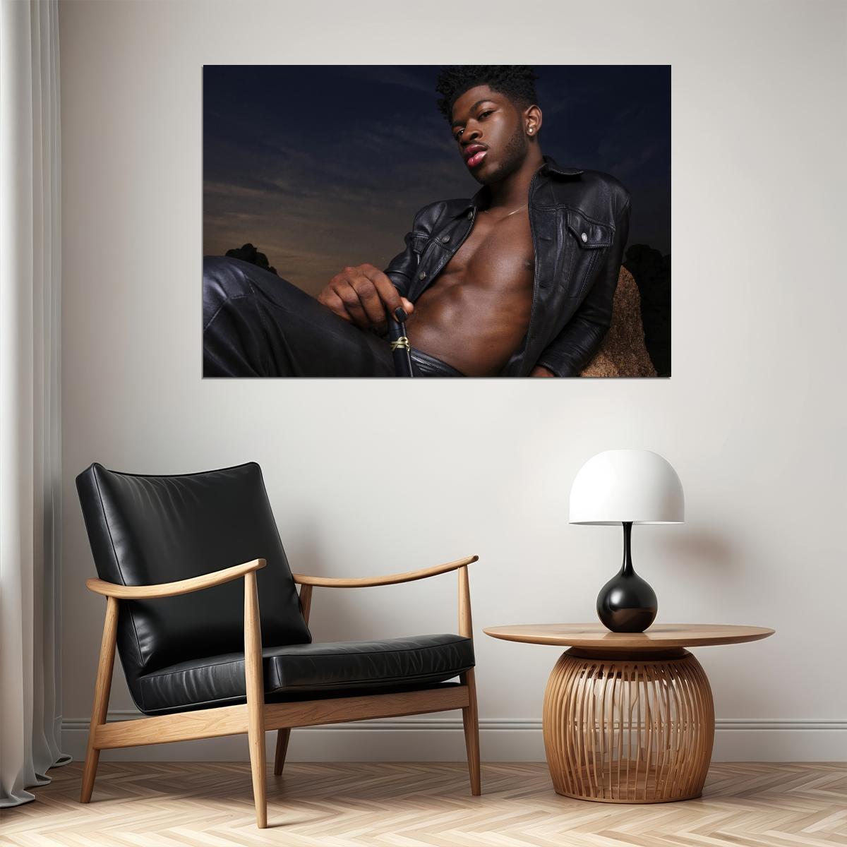 Lil Nas X Sexy Leather Photo Print Hollywood Celebrity Poster Shirtless Handsome Black Man Wall Art Hot Male Aesthetic Decor for Bedroom Living Room - xonomax