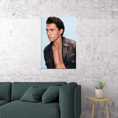 Tom Holland Leather Jacket Photo Print Hollywood Celebrity Poster Handsome Man Wall Art Hot Male Aesthetic Decor for Bedroom Office
