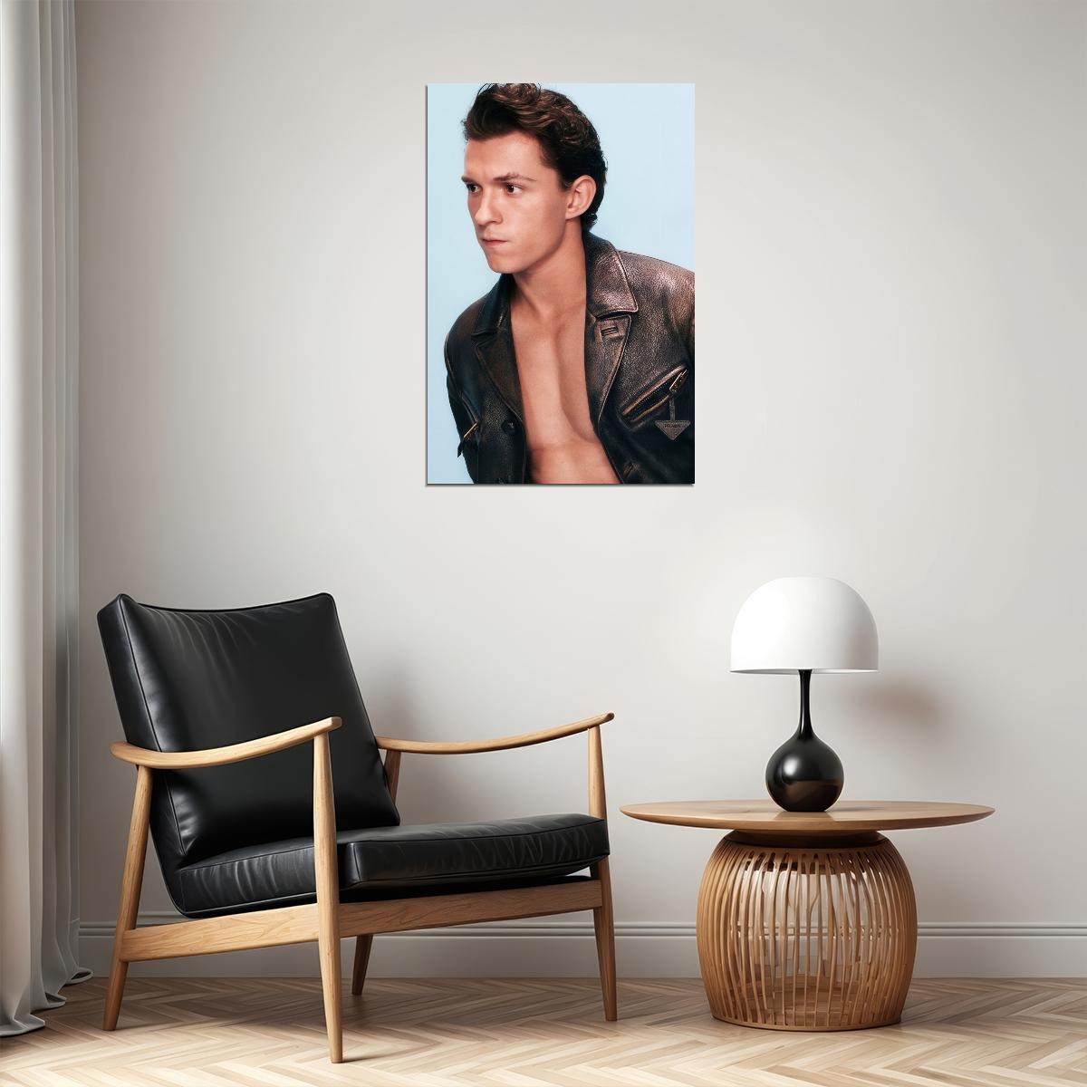 Tom Holland Leather Jacket Photo Print Hollywood Celebrity Poster Handsome Man Wall Art Hot Male Aesthetic Decor for Bedroom Office