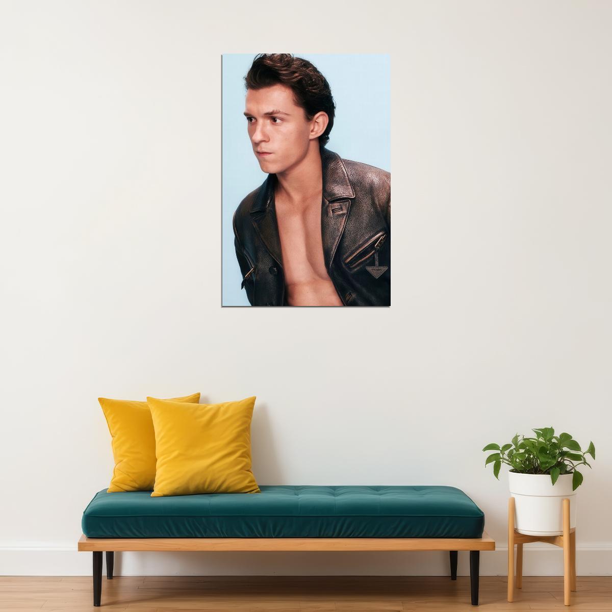 Tom Holland Leather Jacket Photo Print Hollywood Celebrity Poster Handsome Man Wall Art Hot Male Aesthetic Decor for Bedroom Office