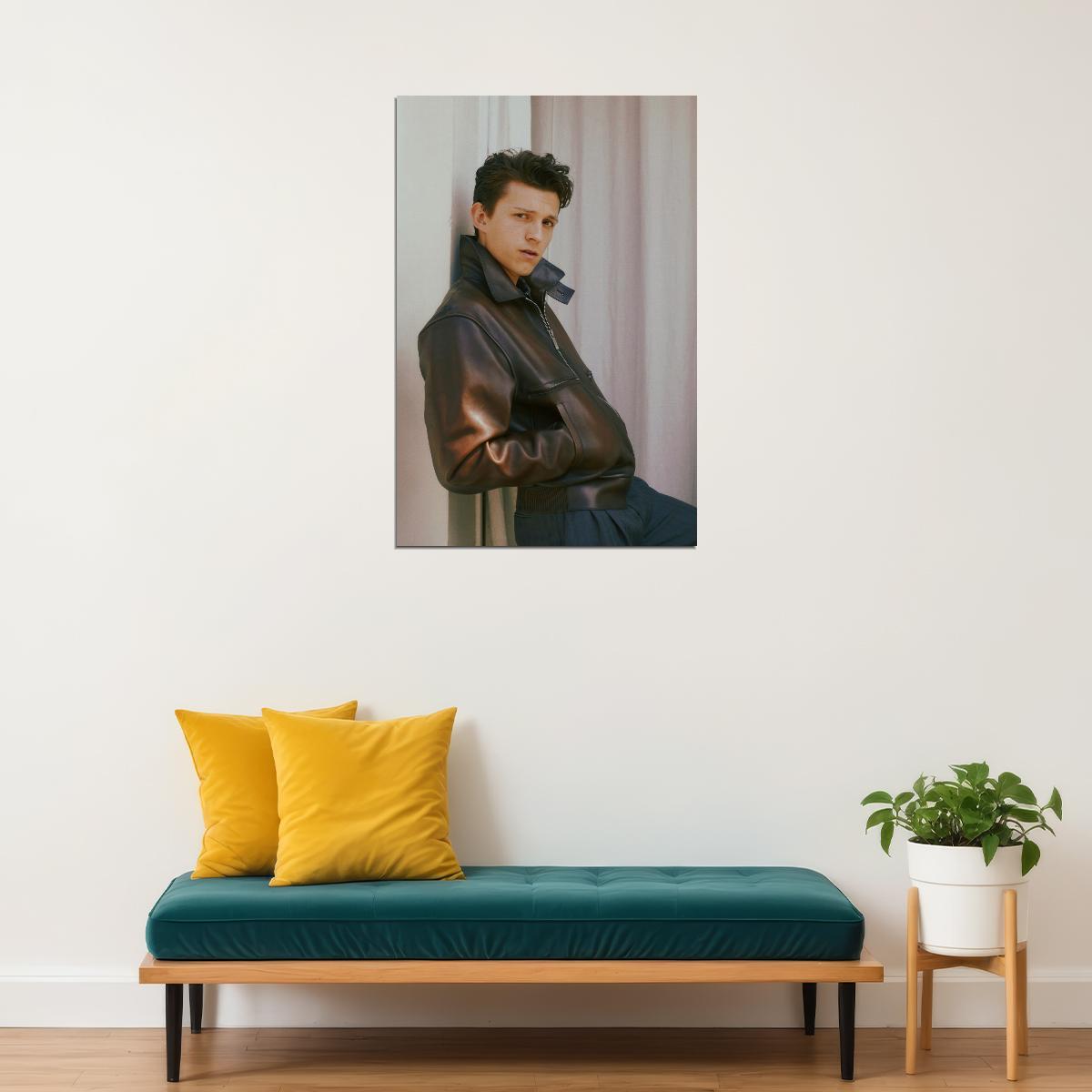 Tom Holland Cool Leather Jacket Photo Print Hollywood Celebrity Poster Handsome Man Wall Art Hot Male Model Aesthetic Decor for Bedroom Living Space