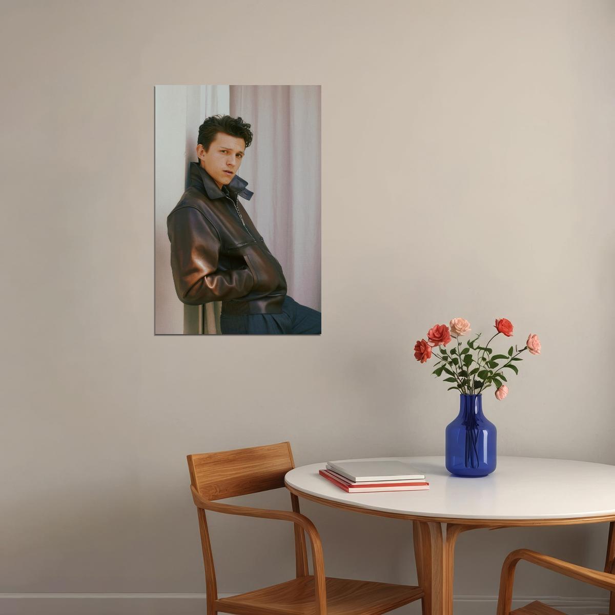 Tom Holland Cool Leather Jacket Photo Print Hollywood Celebrity Poster Handsome Man Wall Art Hot Male Model Aesthetic Decor for Bedroom Living Space