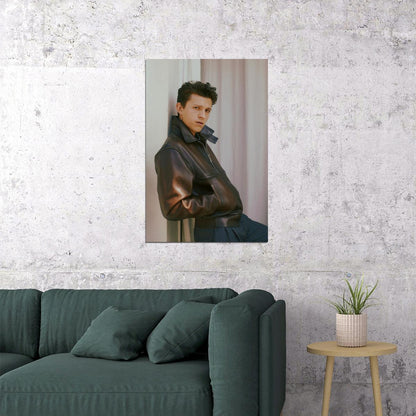 Tom Holland Cool Leather Jacket Photo Print Hollywood Celebrity Poster Handsome Man Wall Art Hot Male Model Aesthetic Decor for Bedroom Living Space