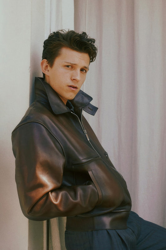 Tom Holland Cool Leather Jacket Photo Print Hollywood Celebrity Poster Handsome Man Wall Art Hot Male Model Aesthetic Decor for Bedroom Living Space