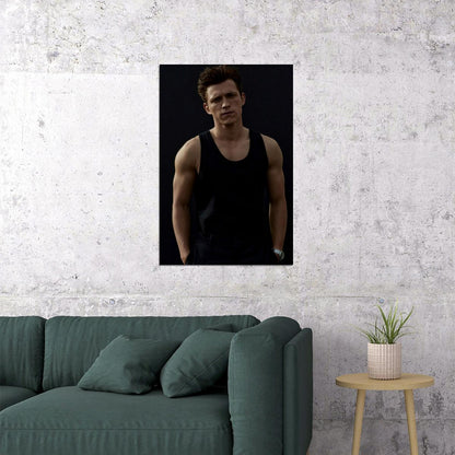 Tom Holland Stylish Black Tank Top Photo Print Hollywood Celebrity Poster Handsome Man Wall Art Hot Male Aesthetic Decor for Bedroom Living Room