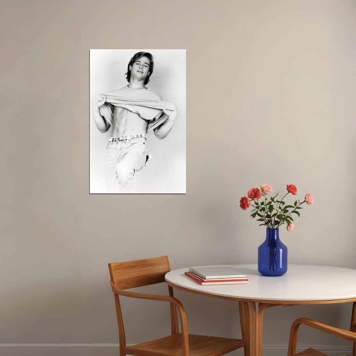 Brad Pitt Black and White Photo Print Hollywood Celebrity Poster Shirtless Handsome Man Wall Art Hot Male Model Aesthetic Decor for Bedroom Living Room - xonomax