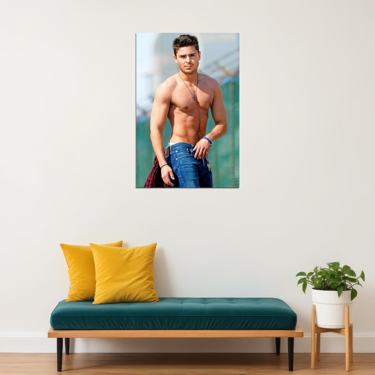 Zac Efron Beach Walk Photo Print Hollywood Celebrity Poster Shirtless Handsome Man Wall Art Hot Male Model Aesthetic Decor for Bedroom Living Room