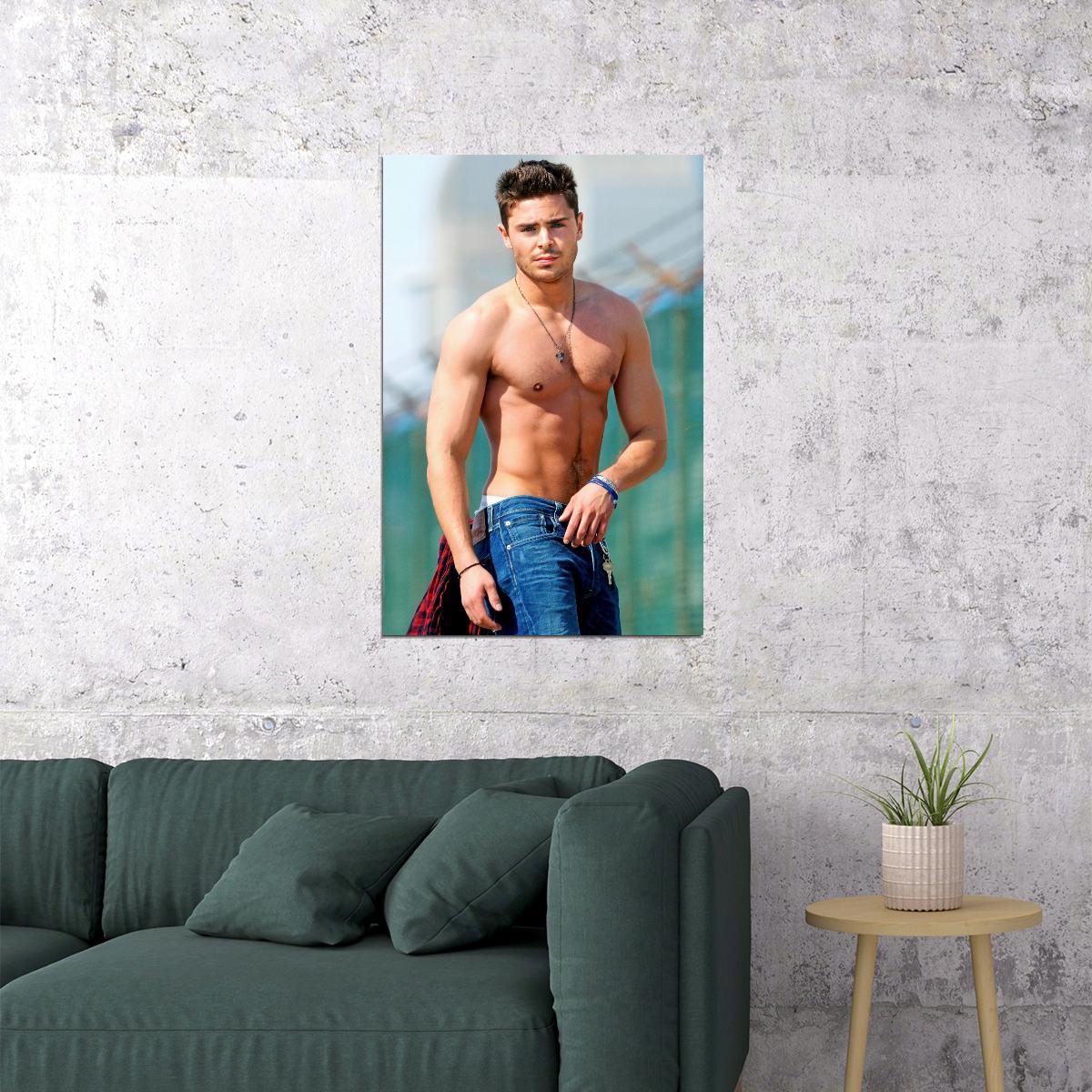 Zac Efron Beach Walk Photo Print Hollywood Celebrity Poster Shirtless Handsome Man Wall Art Hot Male Model Aesthetic Decor for Bedroom Living Room