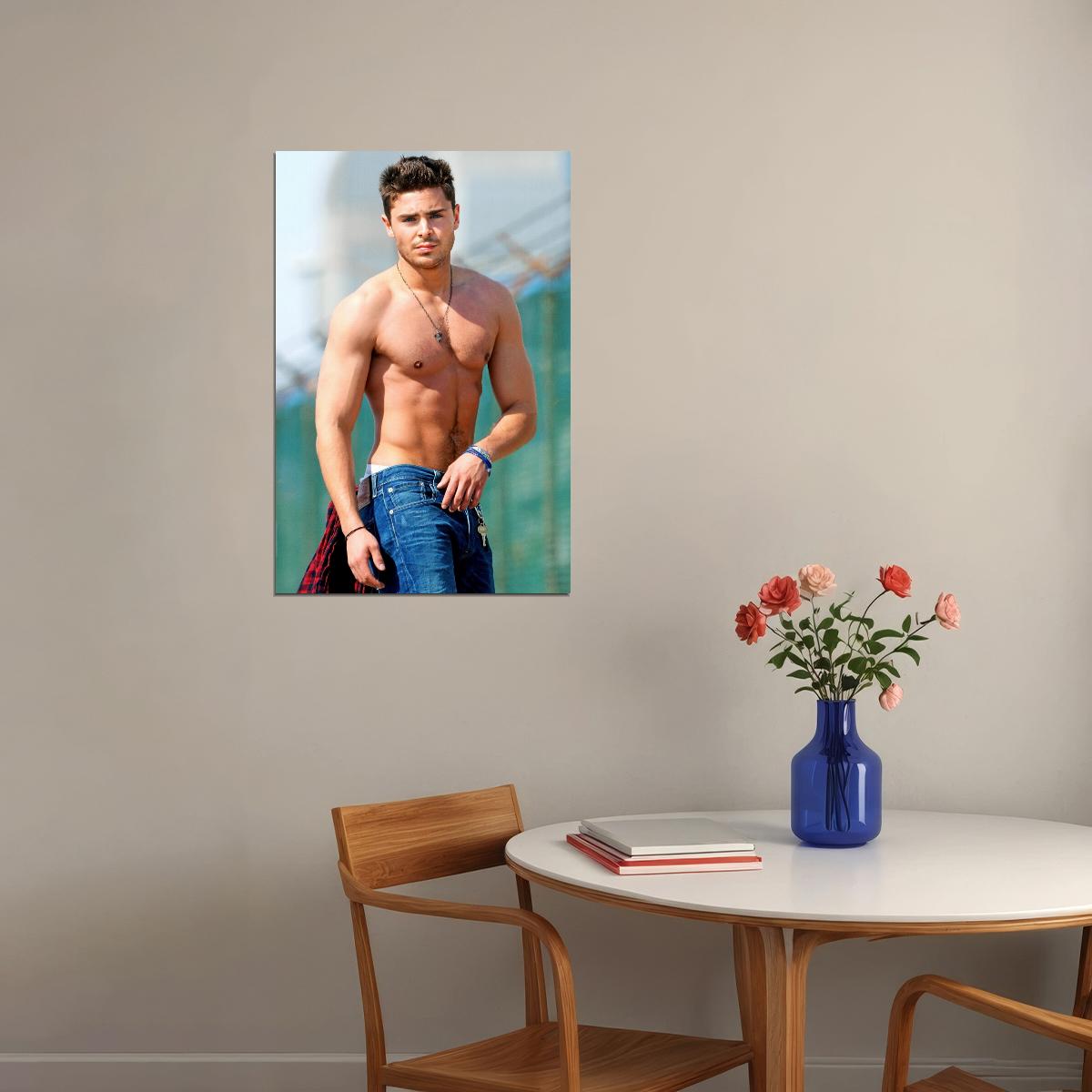 Zac Efron Beach Walk Photo Print Hollywood Celebrity Poster Shirtless Handsome Man Wall Art Hot Male Model Aesthetic Decor for Bedroom Living Room