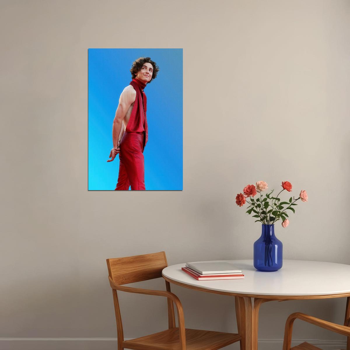 Timothee Chalamet Bold Red Outfit Photo Print Hollywood Celebrity Poster Handsome Man Wall Art Hot Male Aesthetic Decor for Bedroom Living Room - xonomax