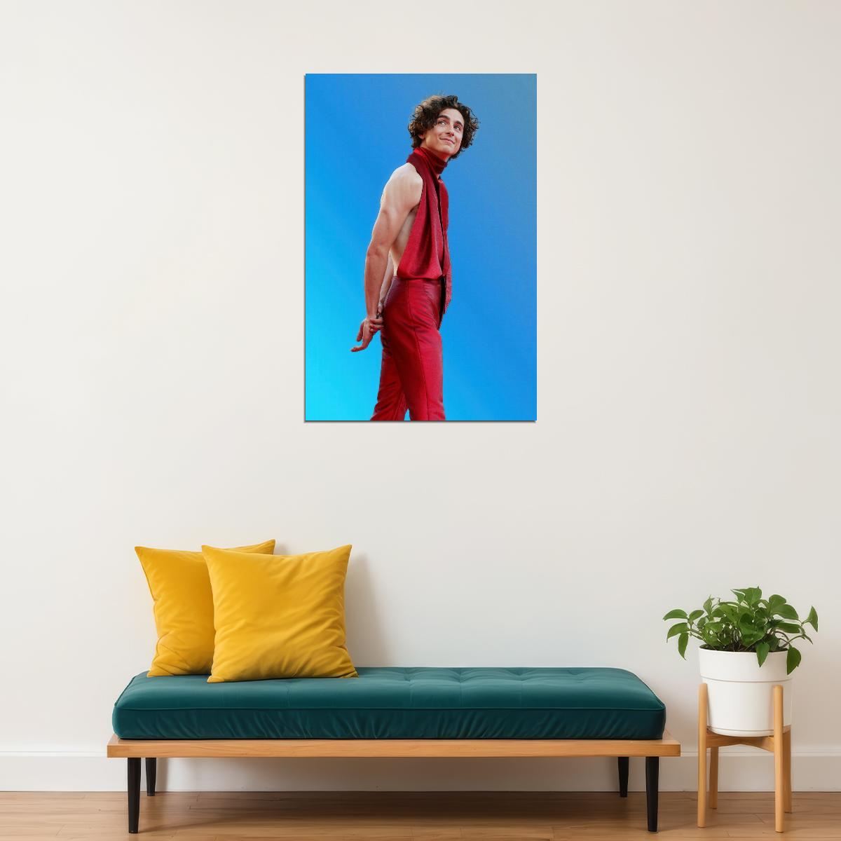 Timothee Chalamet Bold Red Outfit Photo Print Hollywood Celebrity Poster Handsome Man Wall Art Hot Male Aesthetic Decor for Bedroom Living Room - xonomax