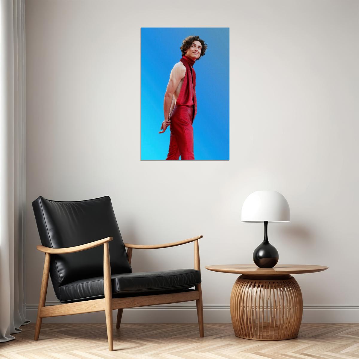Timothee Chalamet Bold Red Outfit Photo Print Hollywood Celebrity Poster Handsome Man Wall Art Hot Male Aesthetic Decor for Bedroom Living Room - xonomax