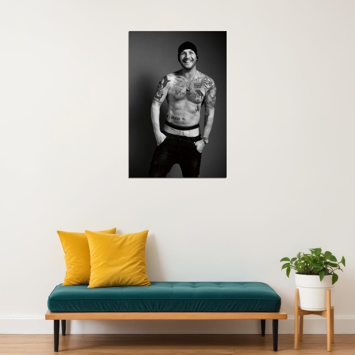 Tom Hardy Black and White Tattooed Photo Print Hollywood Celebrity Poster Shirtless Handsome Man Wall Art Hot Male Model Aesthetic Decor for Bedroom Office
