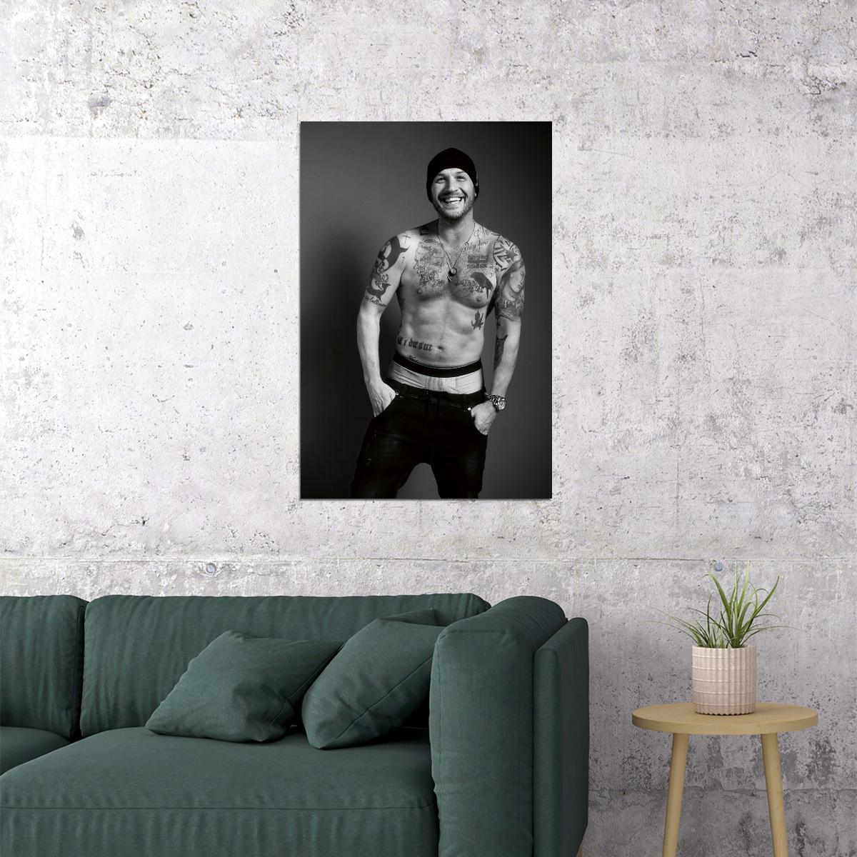 Tom Hardy Black and White Tattooed Photo Print Hollywood Celebrity Poster Shirtless Handsome Man Wall Art Hot Male Model Aesthetic Decor for Bedroom Office
