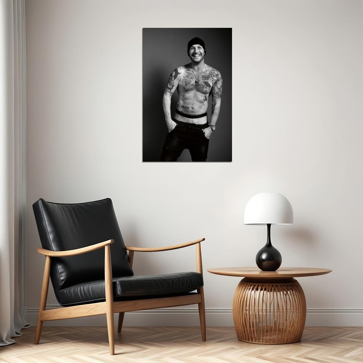 Tom Hardy Black and White Tattooed Photo Print Hollywood Celebrity Poster Shirtless Handsome Man Wall Art Hot Male Model Aesthetic Decor for Bedroom Office
