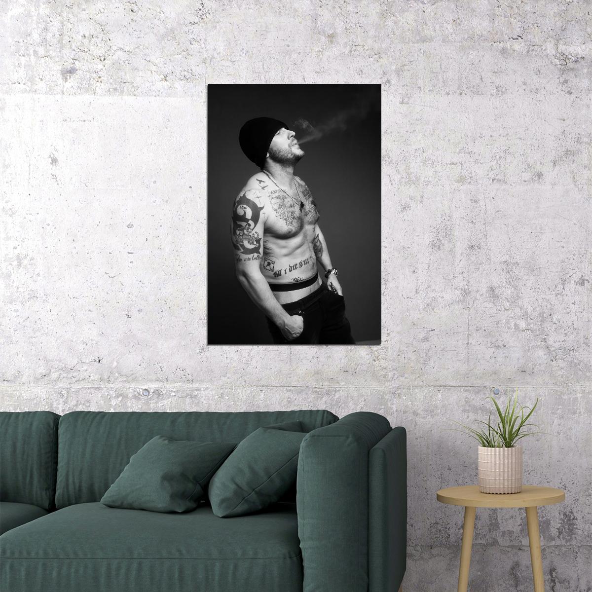 Tom Hardy Black and White Smoking Photo Print Hollywood Celebrity Poster Shirtless Handsome Man Wall Art Hot Male Aesthetic Decor for Bedroom Living Space