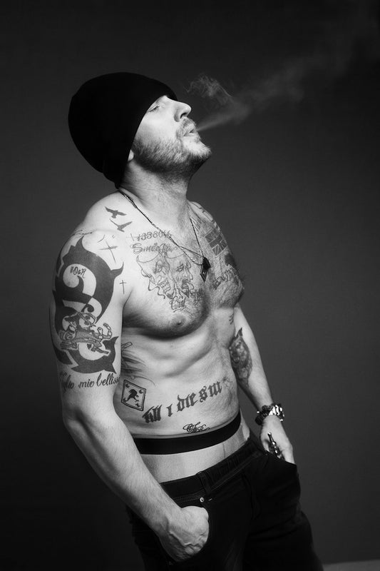 Tom Hardy Black and White Smoking Photo Print Hollywood Celebrity Poster Shirtless Handsome Man Wall Art Hot Male Aesthetic Decor for Bedroom Living Space