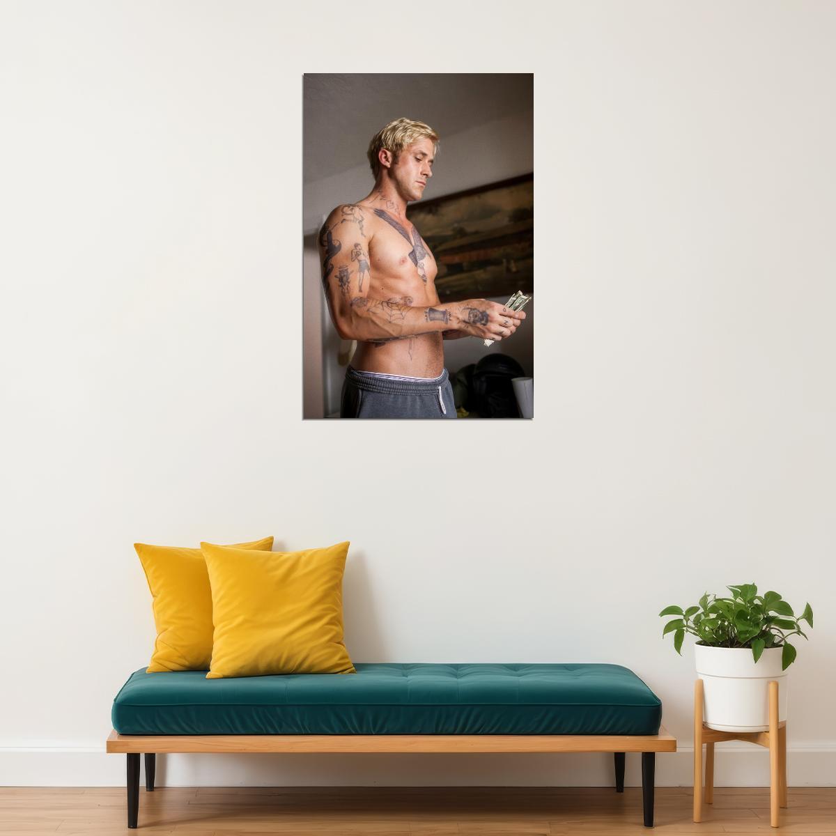 Ryan Gosling Tattooed Shirtless Photo Print Hollywood Celebrity Poster Handsome Man Wall Art Hot Male Model Aesthetic Decor for Bedroom Living Space