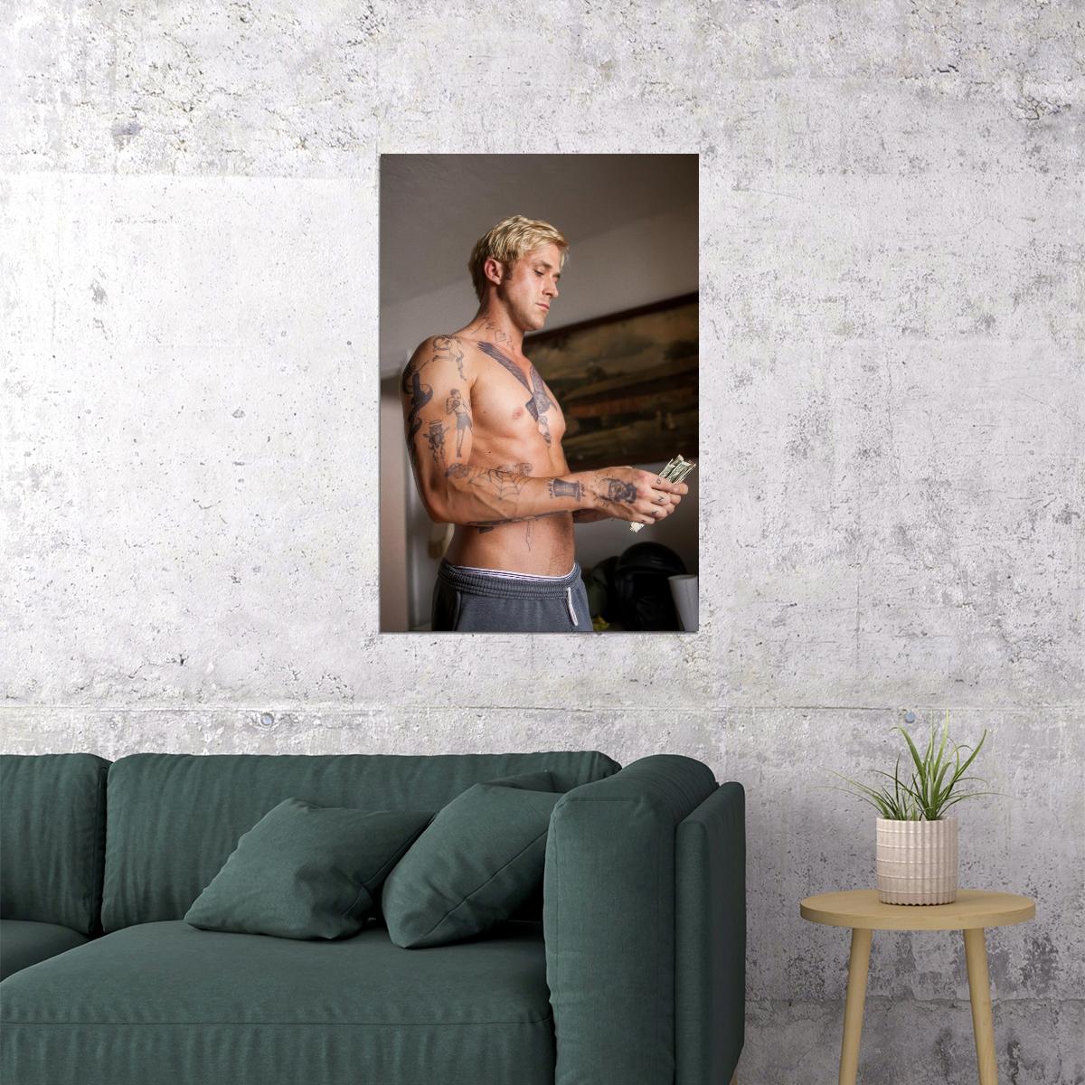 Ryan Gosling Tattooed Shirtless Photo Print Hollywood Celebrity Poster Handsome Man Wall Art Hot Male Model Aesthetic Decor for Bedroom Living Space