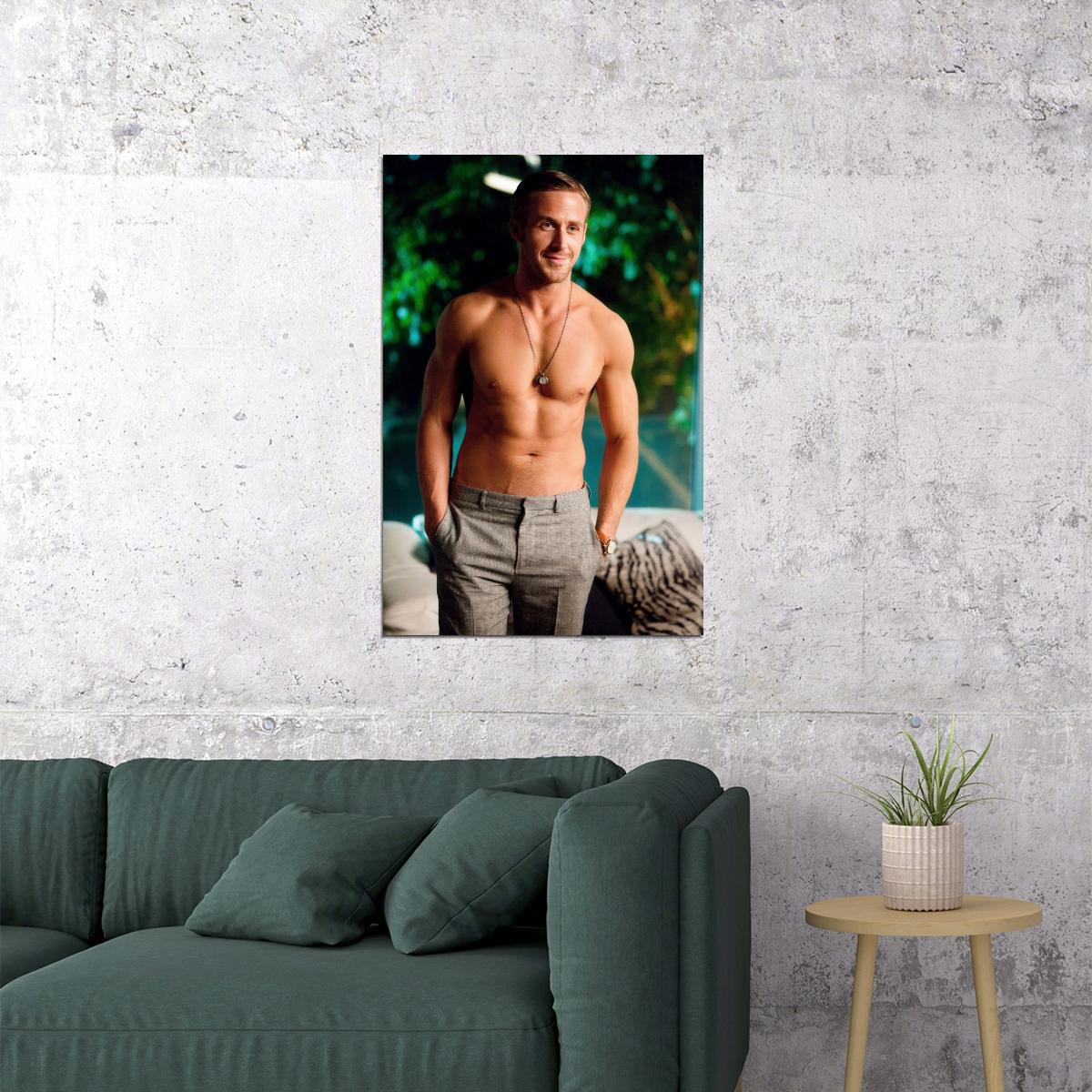 Ryan Gosling Smiling Shirtless Photo Print Hollywood Celebrity Poster Handsome Man Wall Art Hot Male Aesthetic Decor for Bedroom Living Room