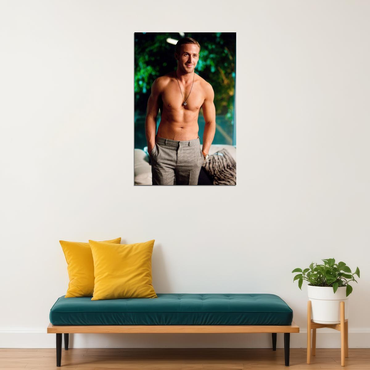 Ryan Gosling Smiling Shirtless Photo Print Hollywood Celebrity Poster Handsome Man Wall Art Hot Male Aesthetic Decor for Bedroom Living Room