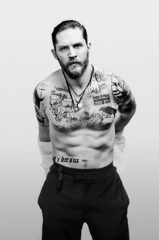 om Hardy Black and White Tattooed Photo Print Hollywood Celebrity Poster Shirtless Handsome Man Wall Art Hot Male Aesthetic Decor for Bedroom Office - xonomax