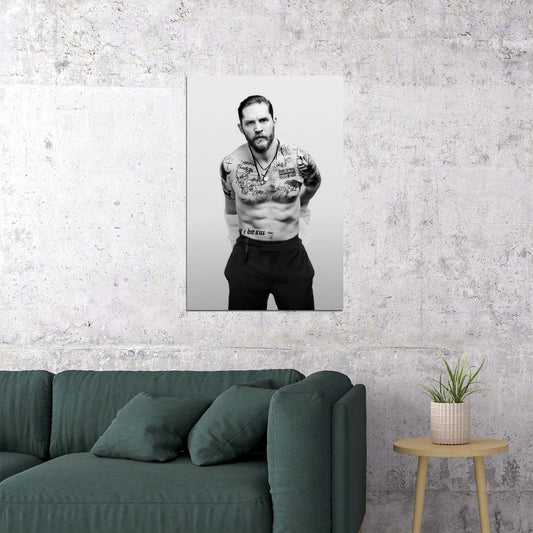 om Hardy Black and White Tattooed Photo Print Hollywood Celebrity Poster Shirtless Handsome Man Wall Art Hot Male Aesthetic Decor for Bedroom Office - xonomax