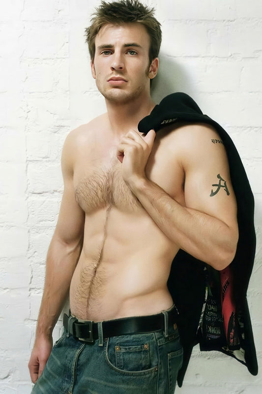 Chris Evans Shirtless Leather Jacket Photo Print Hollywood Celebrity Poster Handsome Man Wall Art Hot Male Aesthetic Decor for Bedroom Living Space - xonomax