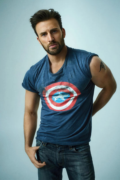 Chris Evans America T-Shirt Photo Print Hollywood Celebrity Poster Handsome Man Wall Art Hot Male Model Aesthetic Decor for Bedroom Living Room - xonomax