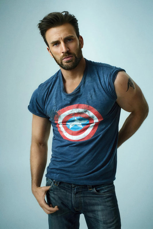 Chris Evans America T-Shirt Photo Print Hollywood Celebrity Poster Handsome Man Wall Art Hot Male Model Aesthetic Decor for Bedroom Living Room - xonomax