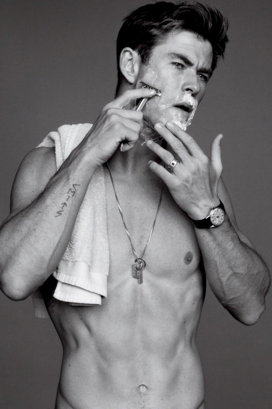 Chris Hemsworth Black and White Shirtless Shaving Photo Print Hollywood Celebrity Poster Handsome Man Wall Art Hot Male Aesthetic Decor for Bedroom Living Space - xonomax