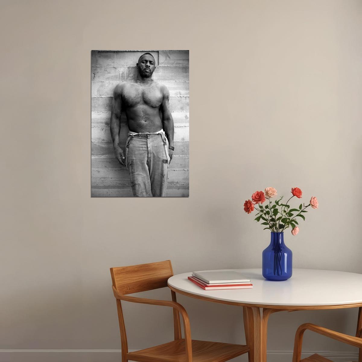 Idris Elba Black and White Shirtless Photo Print Hollywood Celebrity Poster Handsome Man Wall Art Hot Male Aesthetic Decor for Bedroom Office - xonomax