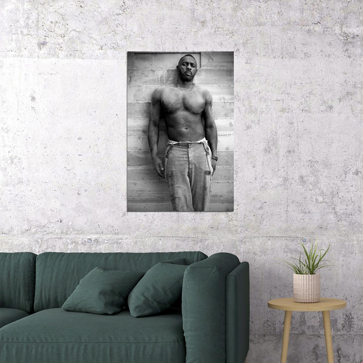 Idris Elba Black and White Shirtless Photo Print Hollywood Celebrity Poster Handsome Man Wall Art Hot Male Aesthetic Decor for Bedroom Office - xonomax