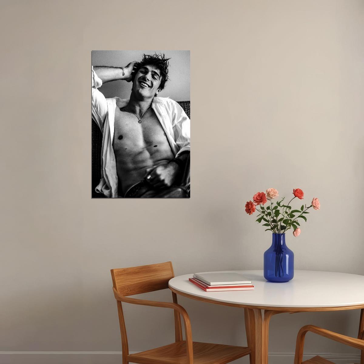 Jacob Elordi Black and White Smiling Photo Print Hollywood Celebrity Poster Handsome Man Wall Art Hot Male Aesthetic Decor for Bedroom Office - xonomax