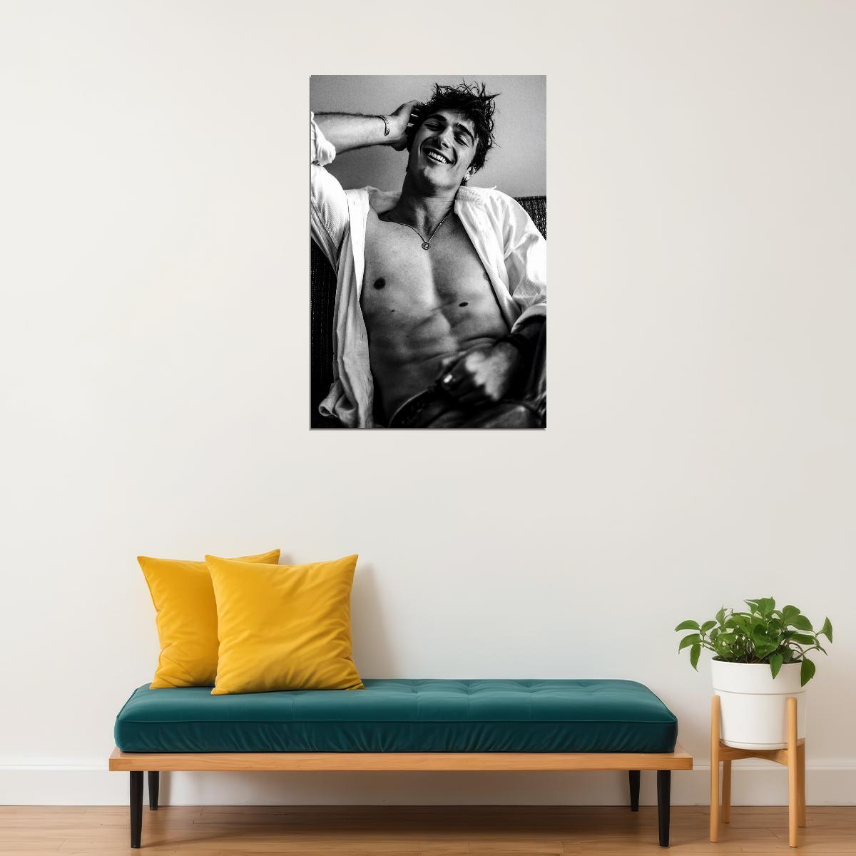 Jacob Elordi Black and White Smiling Photo Print Hollywood Celebrity Poster Handsome Man Wall Art Hot Male Aesthetic Decor for Bedroom Office - xonomax