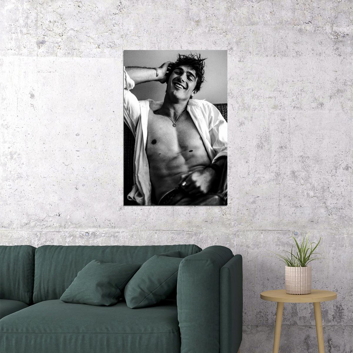 Jacob Elordi Black and White Smiling Photo Print Hollywood Celebrity Poster Handsome Man Wall Art Hot Male Aesthetic Decor for Bedroom Office - xonomax
