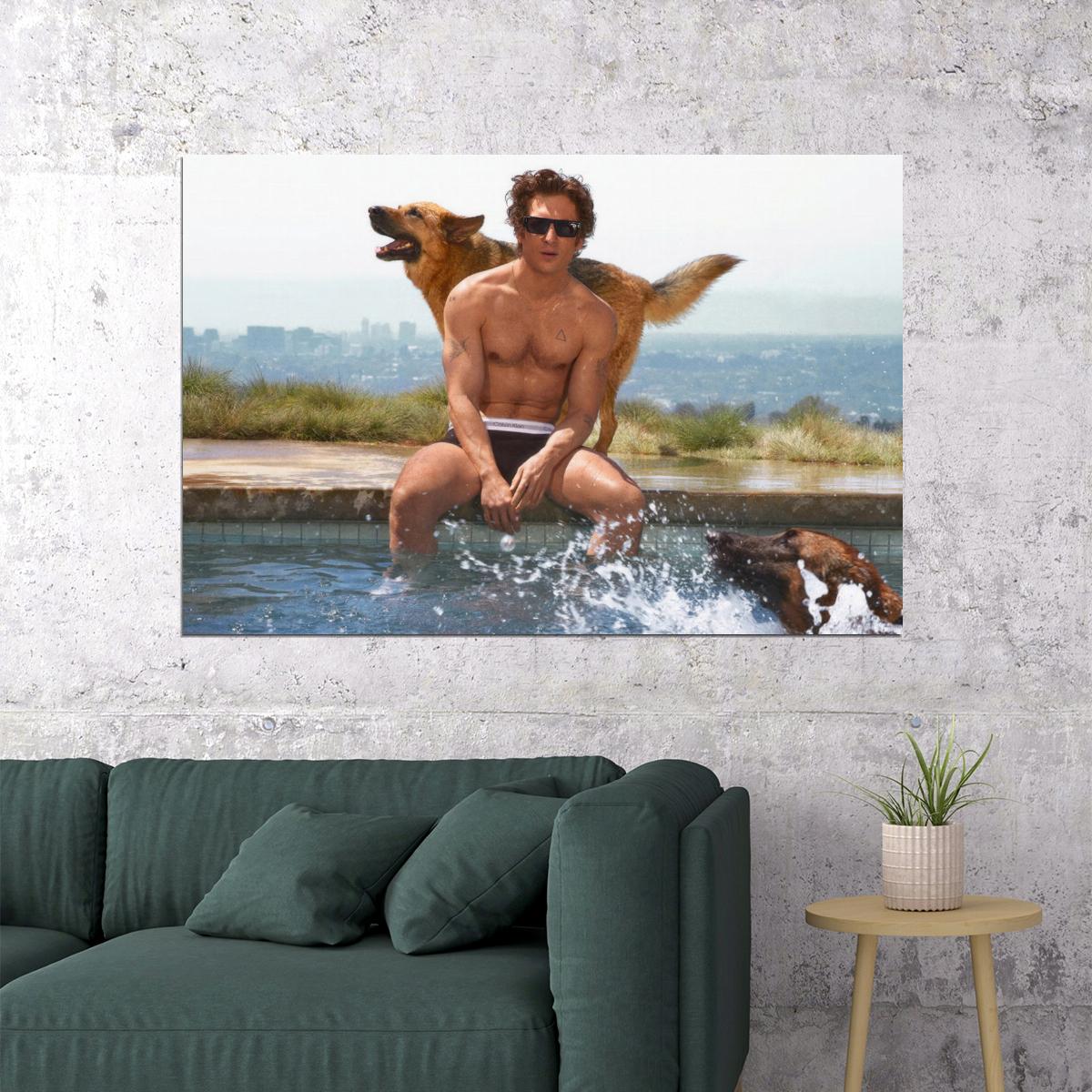Jeremy Allen White Poolside Photo Print Hollywood Celebrity Poster Handsome Man Wall Art Hot Male Actor Aesthetic Decor for Bedroom Living Space