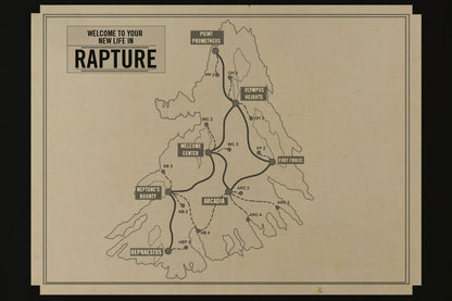 BioShock Video Game Poster Rapture Map Print Retro Futuristic Gamer Wall Art Underwater City Decor