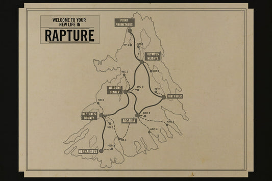 BioShock Video Game Poster Rapture Map Print Retro Futuristic Gamer Wall Art Underwater City Decor