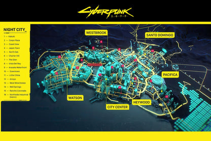 Cyberpunk 2077 Video Game Poster Night City Districts Map Print Futuristic Gamer Wall Art Open World Decor