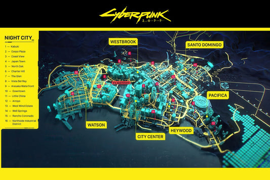 Cyberpunk 2077 Video Game Poster Night City Districts Map Print Futuristic Gamer Wall Art Open World Decor