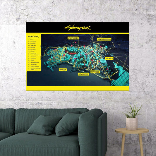 Cyberpunk 2077 Video Game Poster Night City Districts Map Print Futuristic Gamer Wall Art Open World Decor