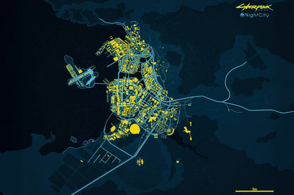 Cyberpunk 2077 Video Game Poster Night City Map Print Futuristic Open World Gamer Wall Art Sci-Fi Decor