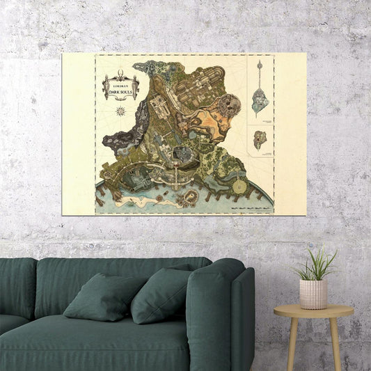 Dark Souls Video Game Poster Lordran World Map Print Fantasy RPG Gamer Wall Art Medieval Gaming Decor