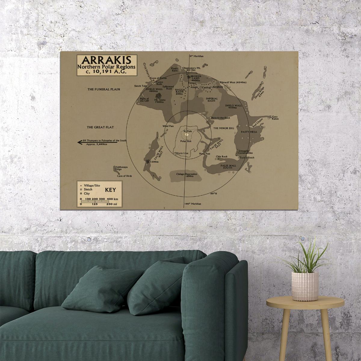 Dune Movie Poster Planet Arrakis Northern Polar Region Map Print Book Style Sci-Fi Wall Art Decor
