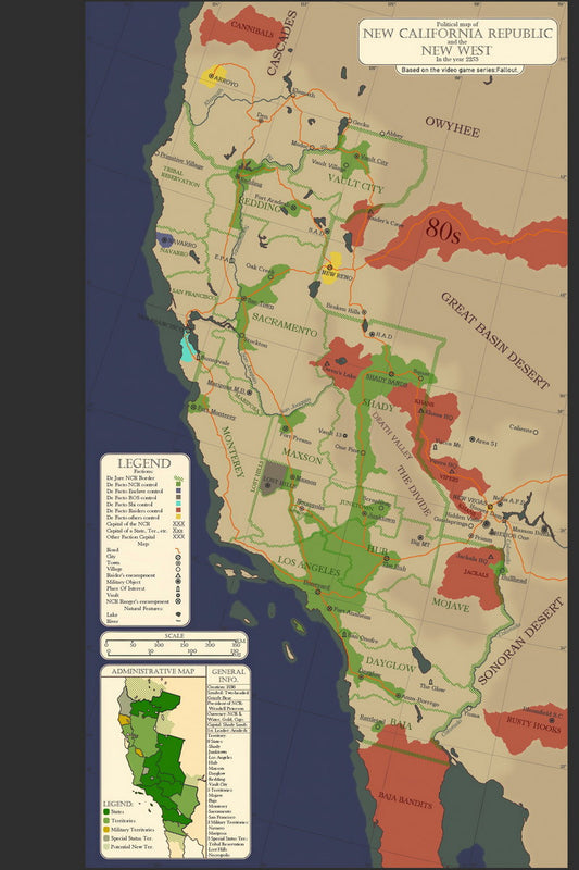 Fallout Video Game Poster New California Republic and New West Map 2253 Print Retro Gamer Wall Art