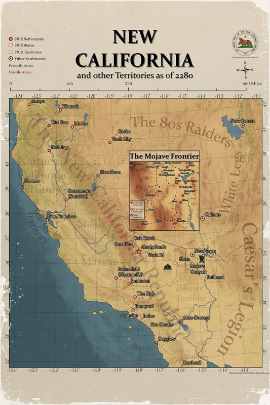Fallout Video Game Poster The New California Map 2280 Print RPG Retro Futuristic Gamer Wall Art Decor