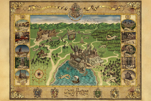 Harry Potter Poster Hogwarts and Hogsmeade Map Print Fantasy Book Video Game Wall Art Wizarding Decor